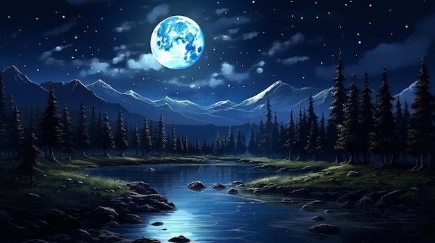 Paesaggio notturno foresta oscura fiume Cielo notturno montagne Riflessione nell'acqua al chiaro di luna