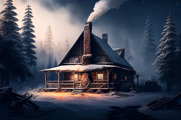 paesaggio notturno invernale con sfondo di casa e foresta.
