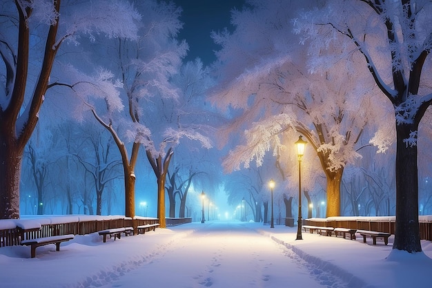 Paesaggio notturno invernale nel vicolo del parco della città