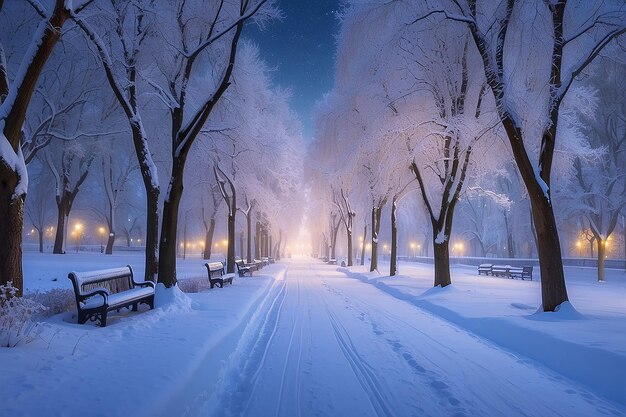 Paesaggio notturno invernale nel vicolo del parco della città