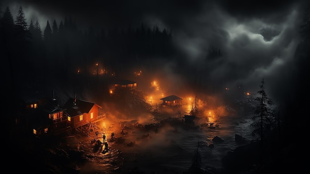 paesaggio notturno, misteriosa casa solitaria nelle nebbiose montagne autunnali, thriller, horror, fiaba