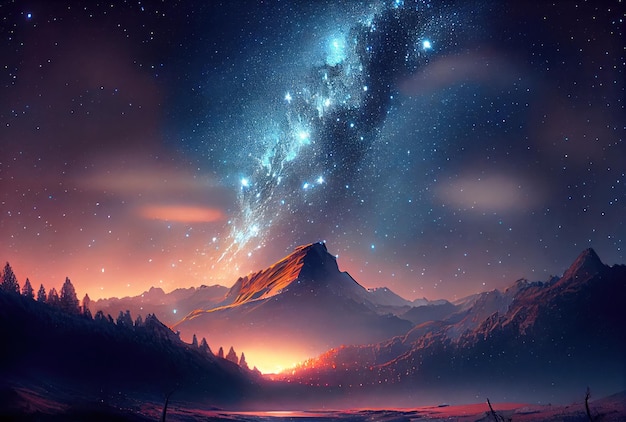 Paesaggio notturno stellato con montagne e sfondo del cielo della Via Lattea Bellezza nella natura e concetto di scienza astrologica Illustrazione di fantasia di arte digitale AI generativa