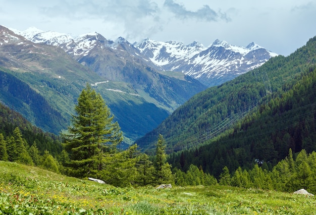 Paesaggio nuvoloso di montagna estiva con neve sulla cima del monte (Alpi, Svizzera)