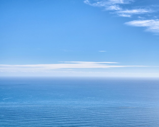 Paesaggio oceanico per lo spazio della copia acqua serena e tranquilla su un orizzonte blu Mare pacifico e vuoto in una soleggiata giornata estiva con nuvole Splendida scena naturale di increspature dell'acqua per lo sfondo della carta da parati