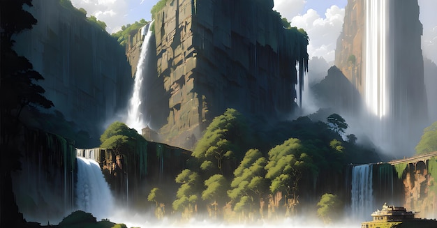 Paesaggio Panorama di cascate in montagna scogliere Relax Scenario AI generativa per la stampa digitale su tela pittura arte murale articolo blog post