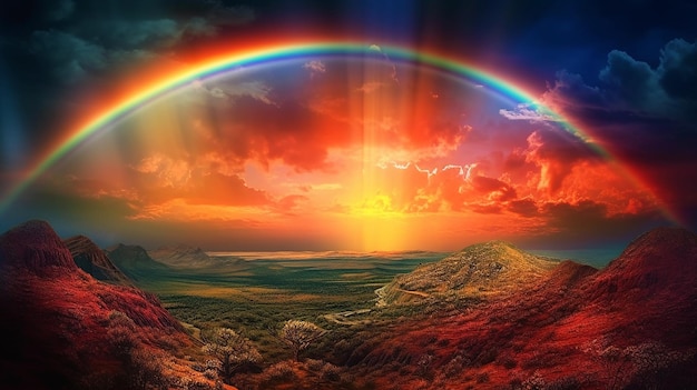 Paesaggio panoramico con arcobaleno colorato dopo la pioggia