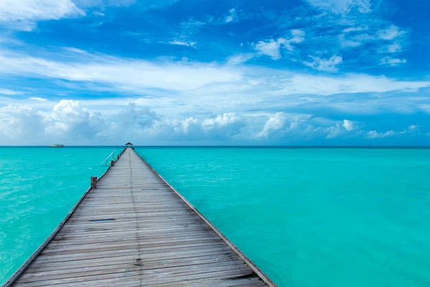 Paesaggio panoramico della località balneare delle Maldive. Concetto del fondo di vacanza di viaggio di vacanza di estate. Spiaggia paradisiaca delle Maldive.