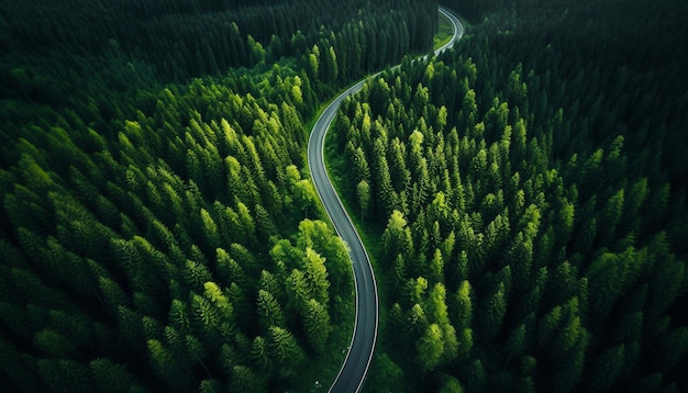 Paesaggio panoramico della natura aerea di alberi di pineta e strada di guida a vista centrale