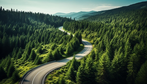 Paesaggio panoramico della natura aerea di alberi di pineta e strada di guida a vista centrale