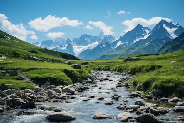 Paesaggio panoramico di montagna con un fiume che scorre attraverso una valle verde