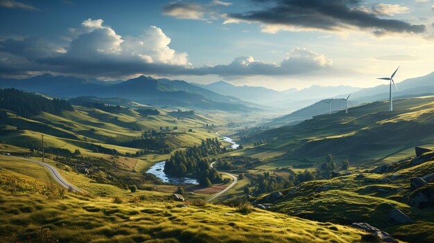 Paesaggio panoramico di montagne maestose con un fiume sereno e graziose turbine eoliche IA generativa