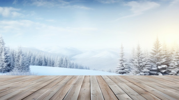 Paesaggio panoramico di Natale invernale Foresta innevata con terrazza in legno Bellissimi abeti e nevicate