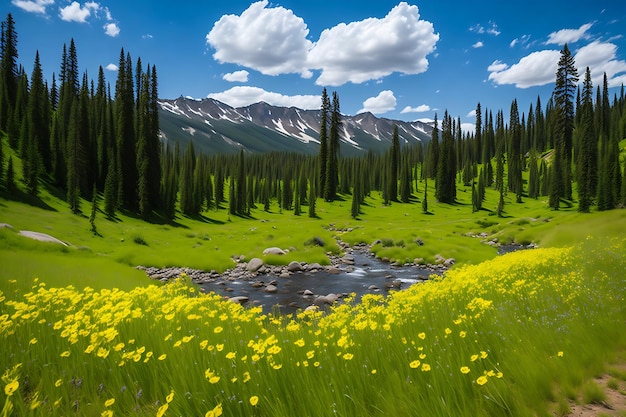 Paesaggio panoramico di prati di fiori selvatici alberi di conifere lungo il torrente pennello in Colorado countrysid