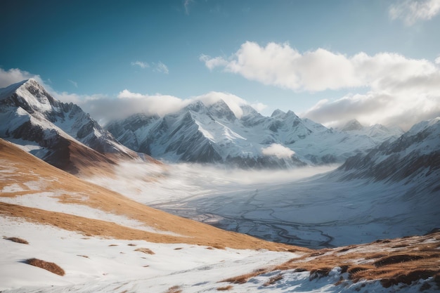 Paesaggio panoramico invernale Montagne maestose e altopiano innevato in natura