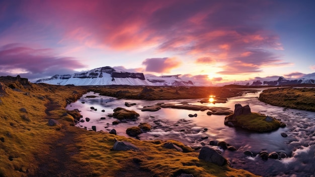 Paesaggio panoramico primaverile dell'Islanda al tramonto