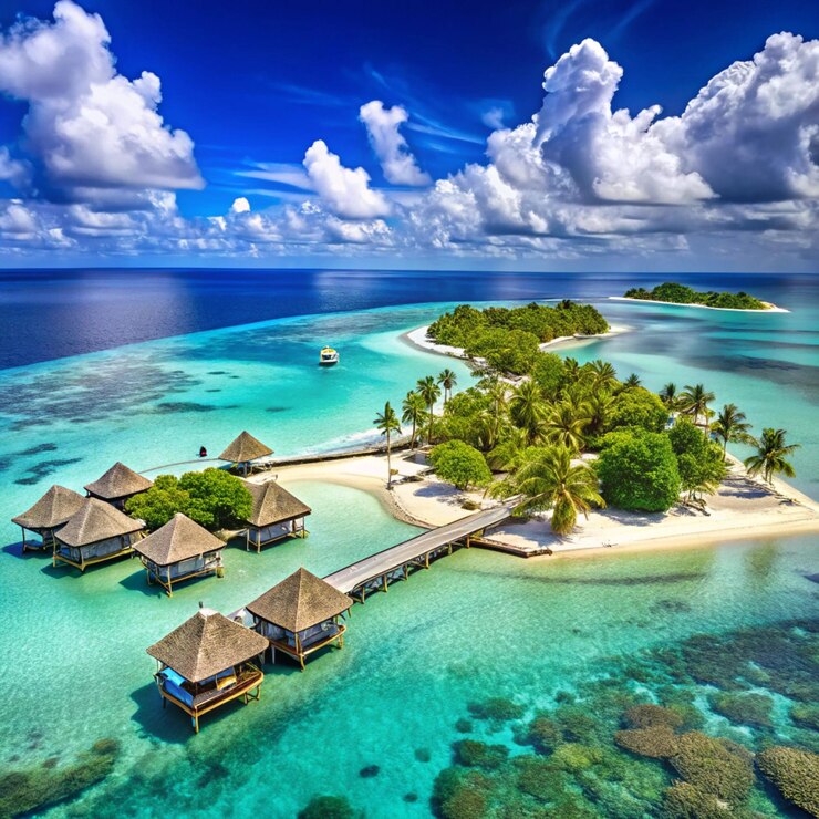Paesaggio paradisiaco delle Maldive Paesaggio aereo tropicale Paesaggio marino con lunghe ville d'acqua con am