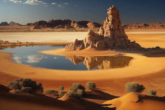 Paesaggio piatto di dune di sabbia e formazioni rocciose intorno al lago nel deserto