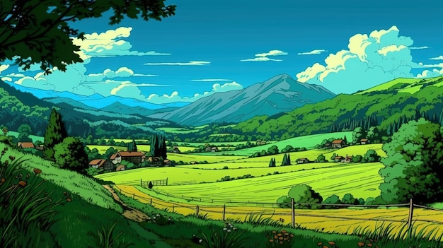 Paesaggio pittoresco su prati verdi Concetto fantastico Illustrazione pittura