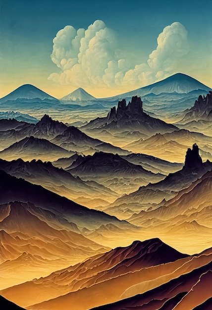 Paesaggio preistorico antidiluviano montagne rocciose e vulcani Illustrazione digitale 3D