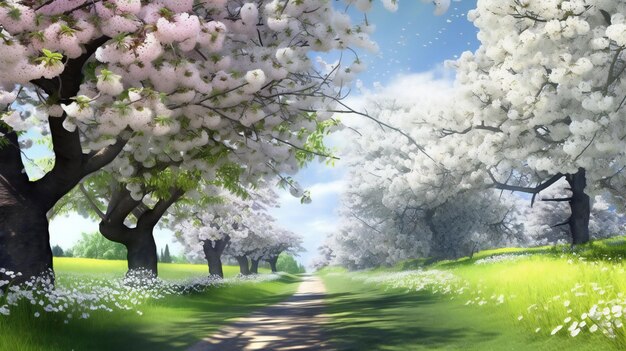 Paesaggio primaverile con alberi in fiore strada e fiori
