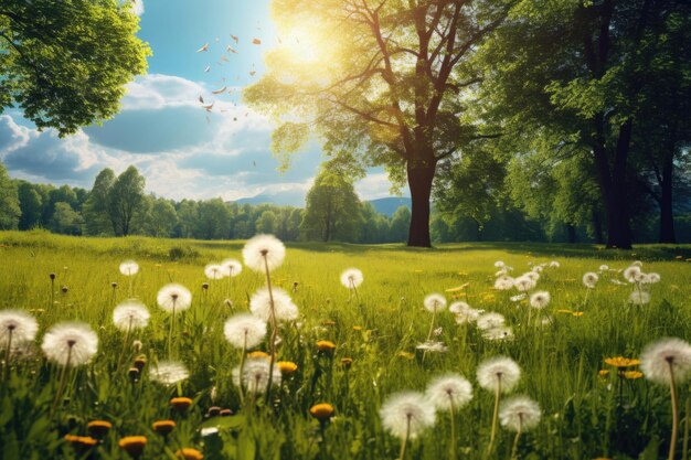 Paesaggio primaverile con denti di leone erba verde e alberi bellezza tranquilla