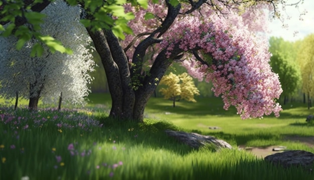 Paesaggio primaverile con fiori e alberi
