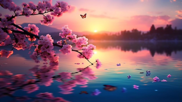 paesaggio primaverile con fiori rosa sakura in piena fioritura e bellissime farfalle