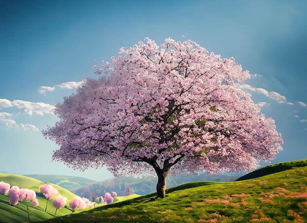 Paesaggio primaverile decorativo con un singolo albero di ciliegio sakura in piena fioritura su una collina