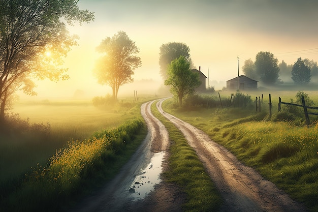 Paesaggio primaverile dell'alba in un villaggio con un percorsoLa bellezza della natura IA generativa