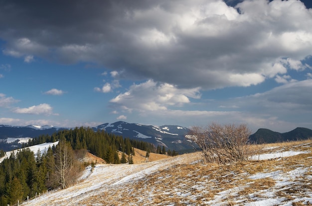 Paesaggio primaverile in campagna. Glade con neve scongelata. Bel cielo con nubi cumuliformi