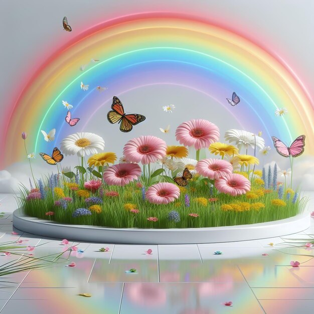 Paesaggio primaverile morbido e romantico con fiori farfalle e arcobaleno generato da AI