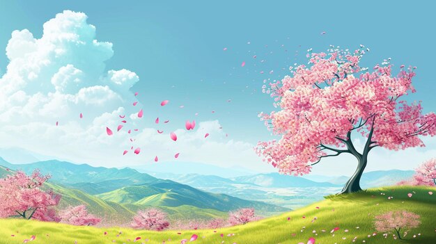 Paesaggio primaverile soleggiato con albero in fiore sulla collina Petali di rosa volano da sakura Generative Ai