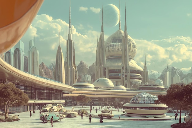 Paesaggio retrofuturistico in stile sci-fi di metà secolo Scena di fantascienza retro con edifici urbani futuristici