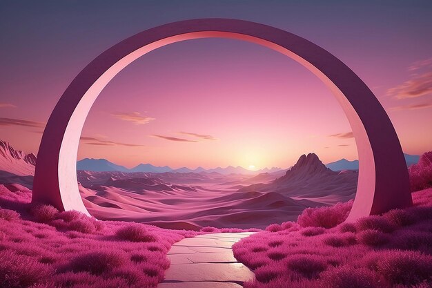 Paesaggio rosa astratto al tramonto con un arco 3D