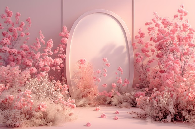 Paesaggio rosa surreale con arco riflettente