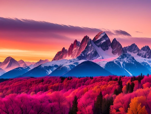 Paesaggio rosato delle montagne innevate con l'illustrazione della foresta pedemontana