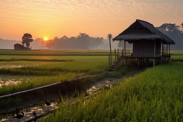 paesaggio rurale con campi di riso e capanne