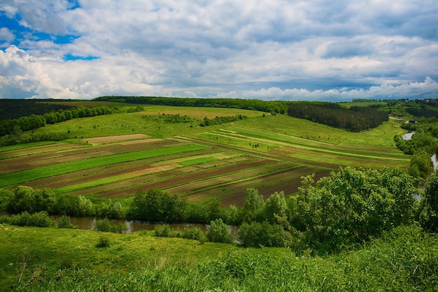 Paesaggio rurale con campi, onde e cielo azzurro con nuvole, sfondo naturale stagionale primaverile