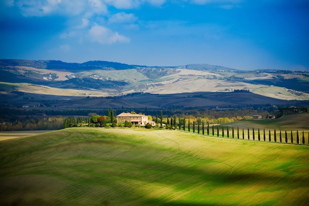 Paesaggio rurale con campi onde e cielo blu Toscana Italia