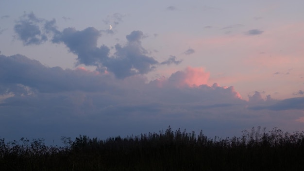 Paesaggio rurale con campo al tramonto e villaggio sullo sfondo della regione di Vologda