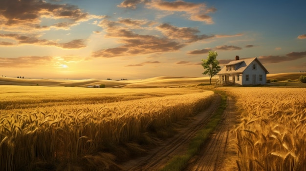 Paesaggio rurale con campo di grano e vecchia casa la sera