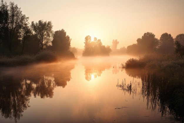 Paesaggio rurale con l'alba mattutina nebbiosa con un lago tranquillo creato con ai generativi