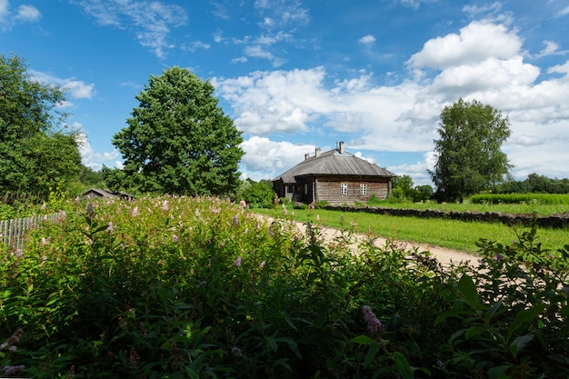 Paesaggio rurale con la casa in legno nel campo in una giornata di sole.