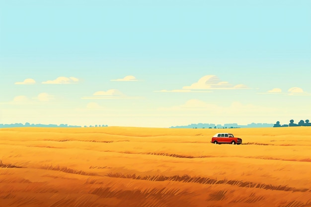 Paesaggio rurale con un'auto su un campo di grano Illustrazione vettoriale
