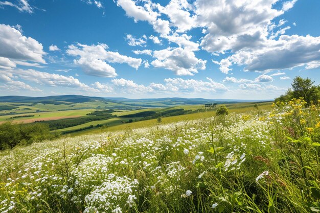 Paesaggio rurale panoramico con prati fioriti e cielo blu