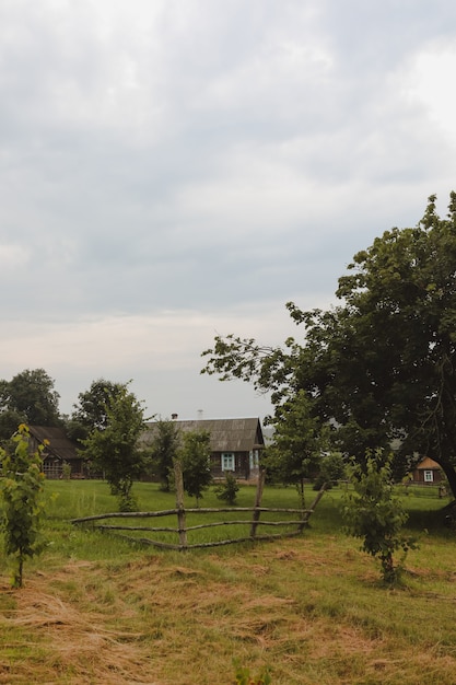 Paesaggio rurale pittoresco estivo con una fattoria di campagna in legno