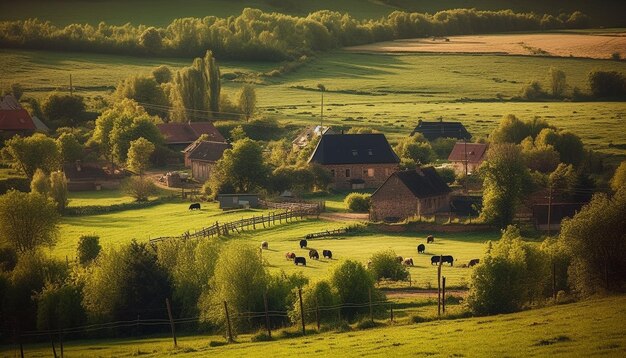 Paesaggio rurale prato verde tramonto fattoria scena tranquilla pascolo bestiame generato dall'intelligenza artificiale