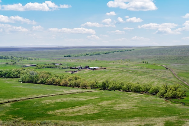 Paesaggio rurale primaverile con campi agricoli e strada di campagna