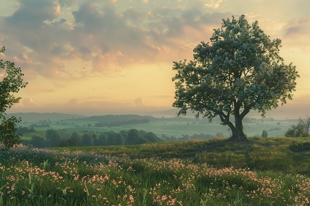 Paesaggio rurale tranquillo al crepuscolo