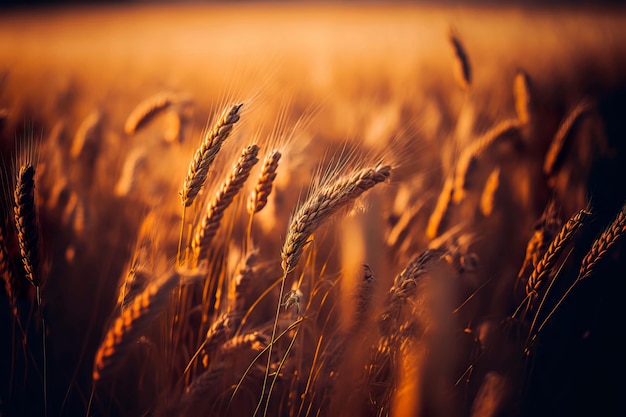 Paesaggio ruraleSfondo di spighe mature di campo di grano e luce solare Grano maturo sul campo IA generativa